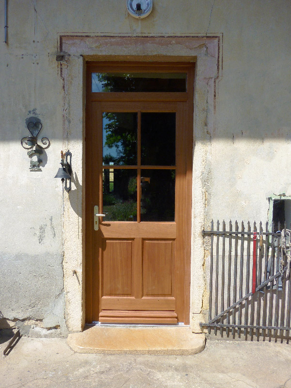  Porte d'entrée en bois exotique avec petits bois et panneaux plates-bandes, style traditionnel