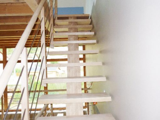 Escalier à limon central avec  barrière en tube inox