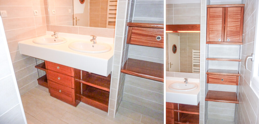 1 - Agencement d'une salle de bains en bois exotique, vernis marin, à Tramolé