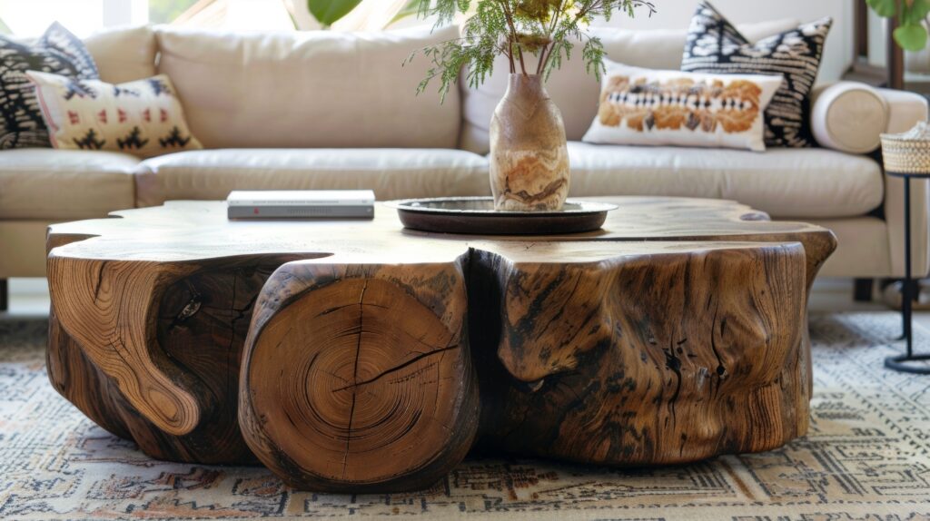 table basse en bois massif dans un salon