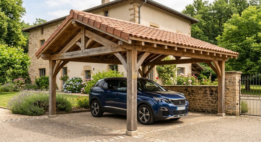 Abri en bois sur mesure pour voiture.