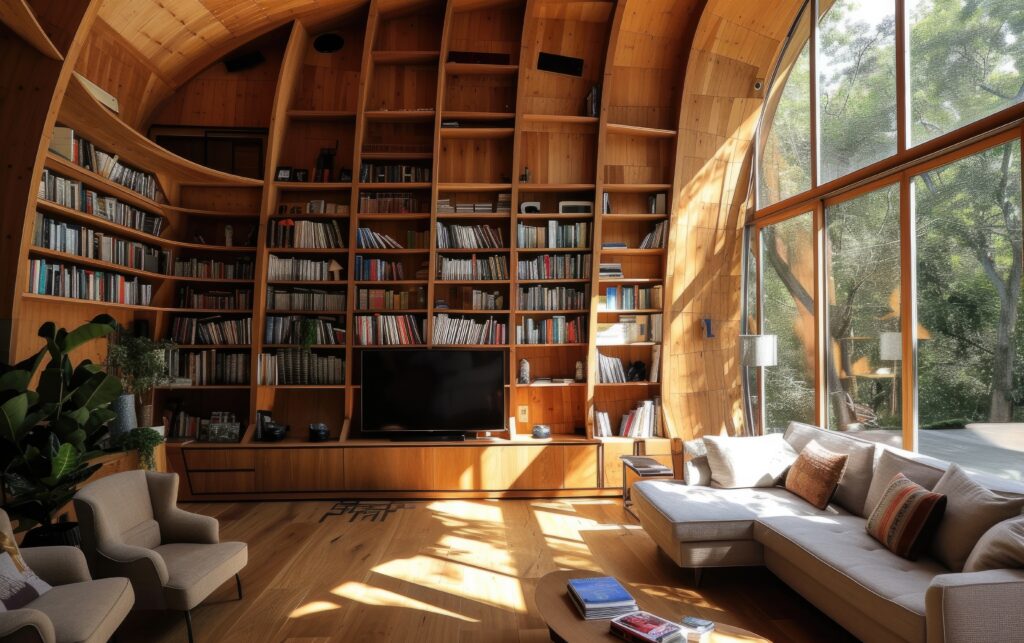 Bibliothèque en bois massif conçue sur mesure pour s'intégrer à un salon.