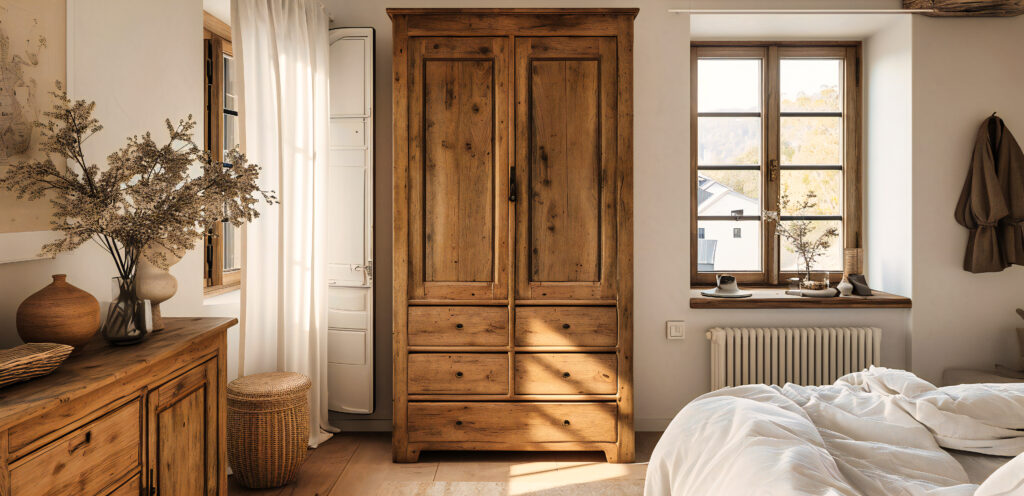 Armoire sur mesure en bois dans une chambre.